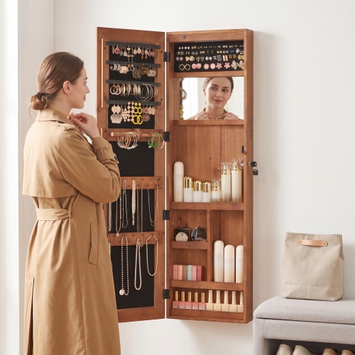 Solid Wood Jewelry Armoire Organizer Cabinet with Full-Length Mirror, 47.5x14.3 in Wall-Mounted Lockable with LED Light - Brown