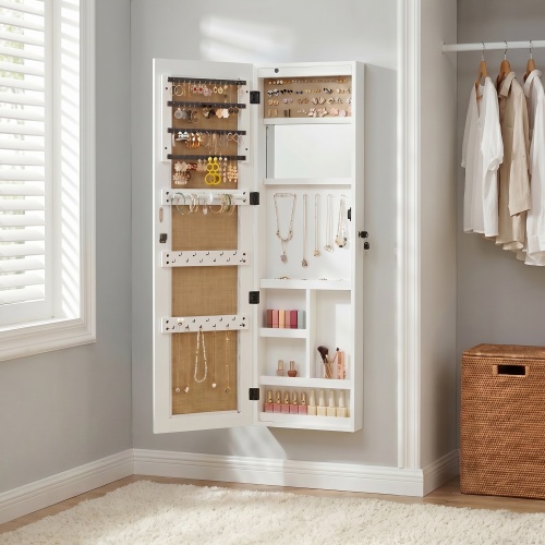 Solid Wood Jewelry Armoire Organizer Cabinet with Full-Length Mirror, 47.5x14.3 in Wall-Mounted Lockable with LED Light - White