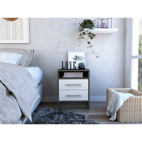 Nightstand 20"H, Two Drawers, Superior Top, Metal Handles, Smokey Oak / White - Multicolor - Particle Board - Particle Board