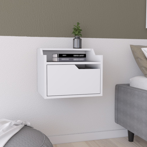 Winchester Floating Nightstand, Modern Dual-Tier Design with Spacious Single Drawer Storage, White - Engineered Wood - Engineered Wood - Solid Wood+MDF