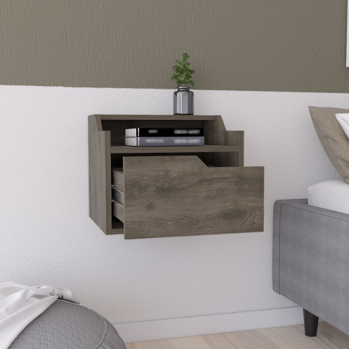 Winchester Floating Nightstand, Modern Dual-Tier Design with Spacious Single Drawer Storage, Dark Brown - Engineered Wood - Engineered Wood - Solid Wood+MDF