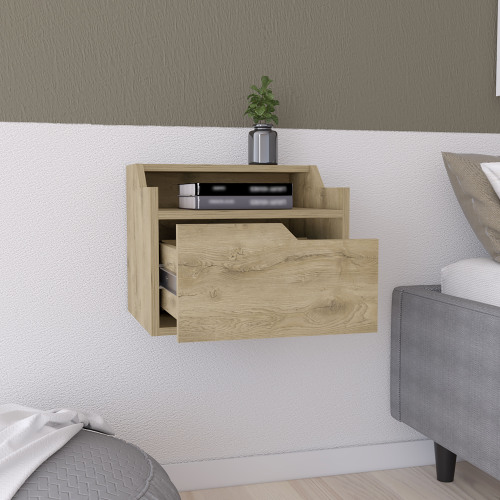Floating Nightstand, Modern Dual-Tier Design with Spacious Single Drawer Storage, Macadamia - Engineered Wood - Engineered Wood - Solid Wood+MDF