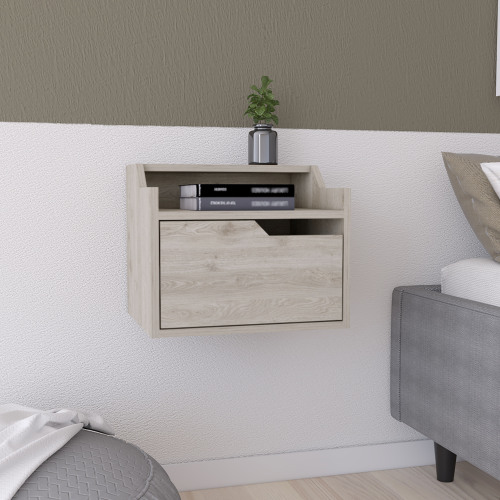 Winchester Floating Nightstand, Modern Dual-Tier Design with Spacious Single Drawer Storage, Light Gray - Engineered Wood - Engineered Wood - Solid Wood+MDF