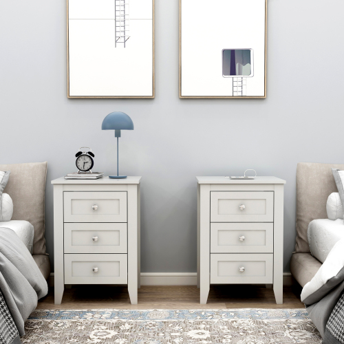 set of 2 pcs white 3 Drawer Nightstand with Charging Station and USB Ports & Power Outlets,Wooden Bed Side Table/End Table Modern Night Stands for Bedrooms - Particle Board - Particle Board - 3 Drawers