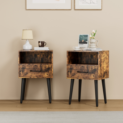 Two Sets of Nightstand,Modern Bedside Table with Storage Drawer and Open Wood Shelf, for Living Room, Bedroom and Small Spaces, Accent Night Stand, Easy Assembly - Brown - MDF