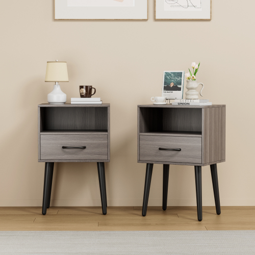 Two sets of Nightstand,modern style bedside table, With storage drawers and open wooden shelves, Suitable for living rooms, Bedrooms and small spaces. Decorative bedside tables in two sets, Easy to as - Grey - MDF