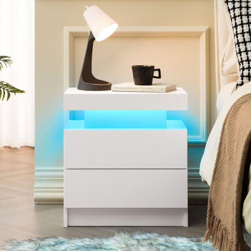 Nightstand LED Bedside Table Cabinet Lights Modern End Side with 2 Drawers for Bedroom (White) - Engineered Wood - Engineered Wood - Wood - American Design,American Traditional,Boho,Casual,Classic - Drawer Storage
