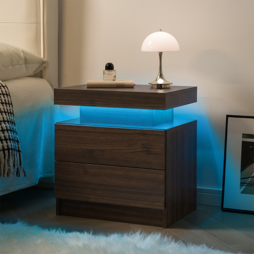 Nightstand LED Bedside Table Cabinet Lights Modern End Side with 2 Drawers for Bedroom (Walnut) - Particle Board - Not Specified - Storage - Bedside Cabinet - Not Specified