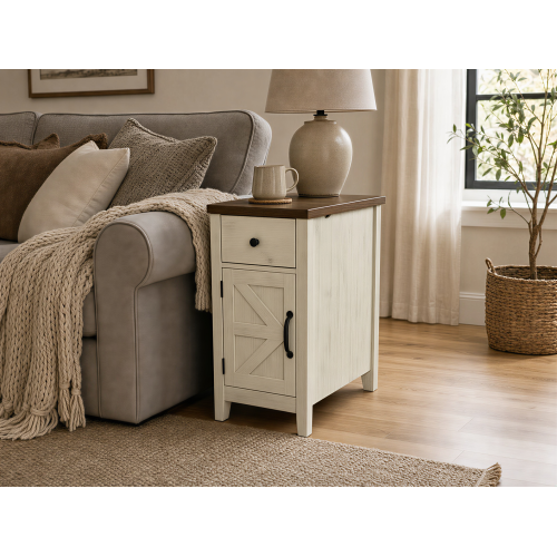 Farmhouse End Table with Charging Station,Night Stand with Barn Door and Drawer, Storage for Bedroom Living Room ,Bedside Table,  Bedside Table Brown+white color - MDF - 1 Drawer