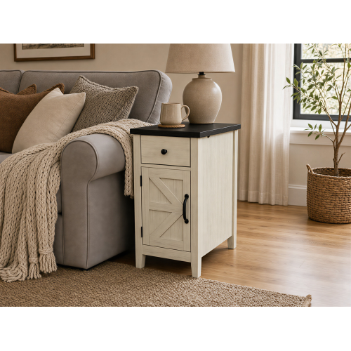 Farmhouse End Table Bedside Table with Charging Station,Night Stand with Barn Door and Drawer, Storage for Bedroom Living Room ,Bedside Table,  White+Black color - Particle Board - 1 Drawer