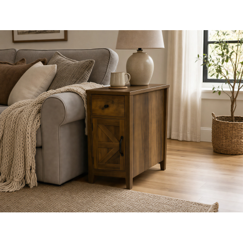 Farmhouse End Table Bedside Table with Charging Station,Night Stand with Barn Door and Drawer, Storage for Bedroom Living Room ,Bedside Table,  Brown color - Antique brown - Particle Board - Not Specified - Not Specified