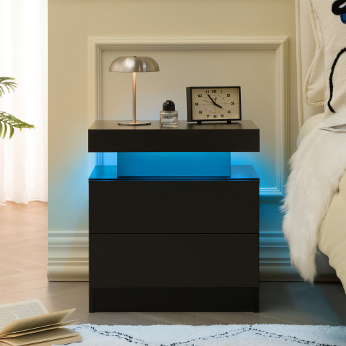 Nightstand LED Bedside Table Cabinet Lights Modern End Side with 2 Drawers for Bedroom (Black) - Engineered Wood - Engineered Wood - Wood - American Design,American Traditional,Boho,Casual,Classic - Drawer Storage - Not Specified