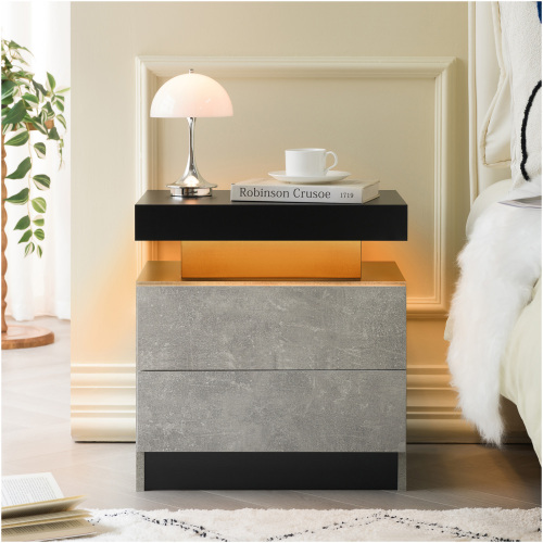 Nightstand LED Bedside Table Cabinet Lights Modern End Side with 2 Drawers for Bedroom (Black+Gray) - Engineered Wood - Engineered Wood - Wood - American Design,American Traditional,Boho,Casual,Classic - Drawer Storage - Not Specified