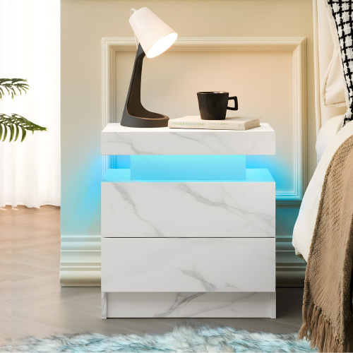 Nightstand LED Bedside Table Cabinet Lights Modern End Side with 2 Drawers for Bedroom (White Stone) - Engineered Wood - Engineered Wood - Wood - American Design,American Traditional,Boho,Casual,Classic - Drawer Storage - Not Specified