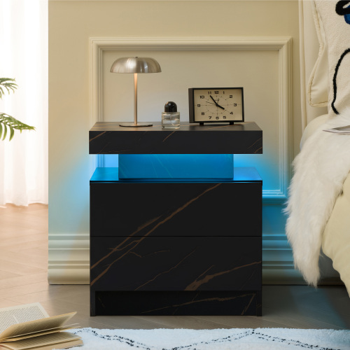 Nightstand LED Bedside Table Cabinet Lights Modern End Side with 2 Drawers for Bedroom (Black Gold) - Engineered Wood - Engineered Wood - Wood - American Design,American Traditional,Boho,Casual,Classic - Drawer Storage - Not Specified