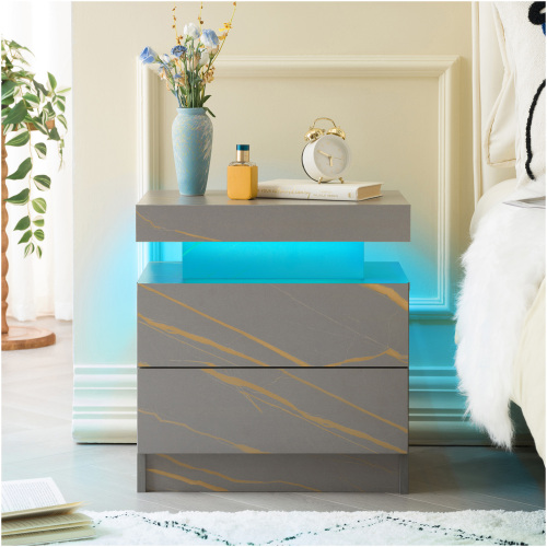 Nightstand LED Bedside Table Cabinet Lights Modern End Side with 2 Drawers for Bedroom (Grey Gold) - Engineered Wood - Engineered Wood - Wood - American Design,American Traditional,Boho,Casual,Classic - Drawer Storage - Not Specified
