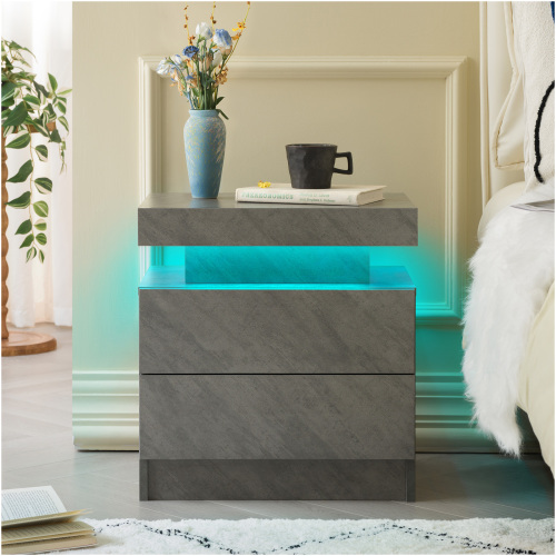 Nightstand LED Bedside Table Cabinet Lights Modern End Side with 2 Drawers for Bedroom (Deep Gray) - Engineered Wood - Engineered Wood - Not Specified - Bedside Cabinet - Not Specified
