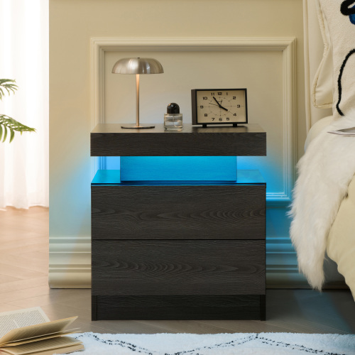 Nightstand LED Bedside Table Cabinet Lights Modern End Side with 2 Drawers for Bedroom (Black Woodgrain) - Engineered Wood - Engineered Wood - Not Specified - Bedside Cabinet - Not Specified