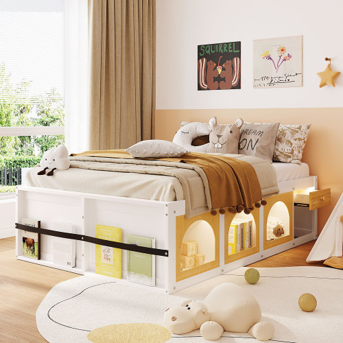 Full Size Wooden Platform Bed with Bookshelf, Display Cabinet, LED Light and Drawer, White+Natural - MDF