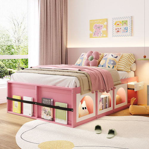 Full Size Wooden Platform Bed with Bookshelf, Display Cabinet, LED Light and Drawer, Pink+White - MDF