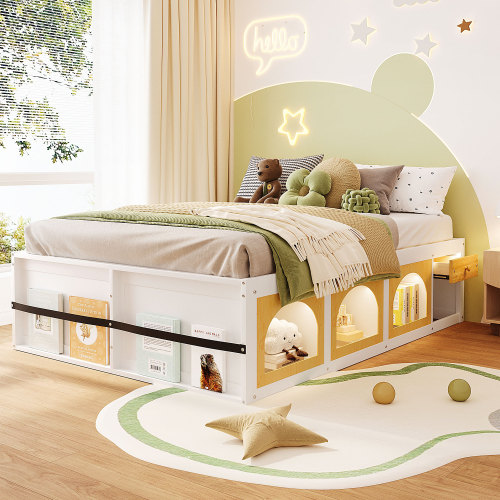 Queen Size Wooden Platform Bed with Bookshelf, Display Cabinet, LED Light and Drawer, White+Natural - MDF