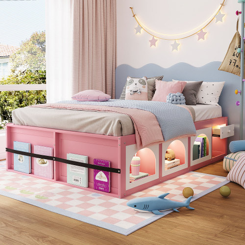 Queen Size Wooden Platform Bed with Bookshelf, Display Cabinet, LED Light and Drawer, Pink+White - MDF