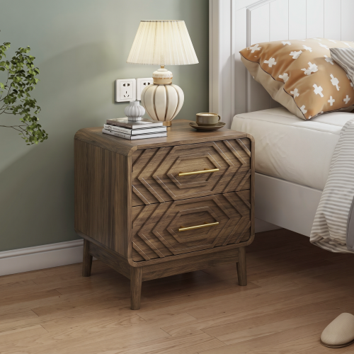 Walnut wood bedside table, double drawer bedside table with solid wood legs and gold metal handles, rounded corner end table suitable for bedroom. - MDF - Art Deco,Casual,Farmhouse,Mid-Century Modern,mix match - 2 Drawers - Easy Assembly - Bedside Cabinet - Engineered Hardwood