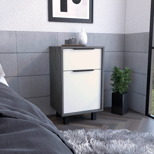 Nightstand 27" H, One Drawer, Storage with Door, Four Legs, Smokey Oak / White - Multicolor - Particle Board - Particle Board