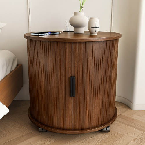 Mid Century Modern Cylinder End Table with Built-in Charging Station & Sliding Door, 2-Tier Storage Round Nightstand with USB Ports, Walnut Bedside Table for Living Room, Bedroom, Entryway - Walnut-1 Pcs - MDF - Not Specified - Not Specified - Not Specified - Not Specified - Not Specified - Not Specified