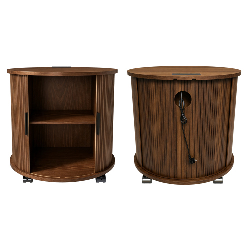 Set of 2 Mid Century Modern Cylinder End Tables with Built-in Charging Station & Sliding Door, 2-Tier Storage Round Nightstands with USB Ports, Walnut Bedside Tables for Living Room, Bedroom, Entryway - Walnut-2 Pcs - MDF - American Design - Built-In Outlets - Bedside Cabinet - Antique - Bathroom - Brown