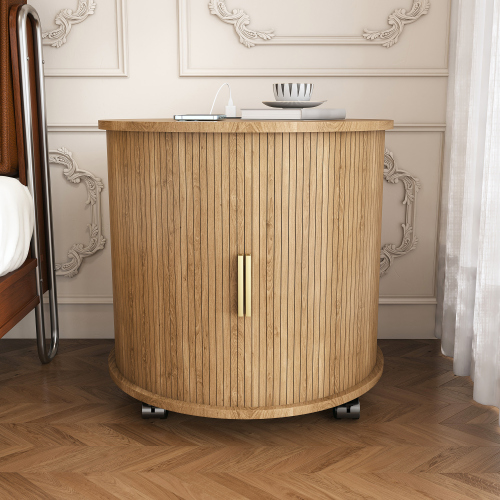 Mid Century Modern Cylinder End Table with Built-in Charging Station & Sliding Door, 2-Tier Storage Round Nightstand with USB Ports, Osk Bedside Table for Living Room, Bedroom, Entryway - Oak - MDF - Artsy,Luxury,Modern - Not Specified - Not Specified - Not Specified - Not Specified - Not Specified