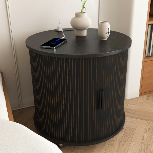 Mid Century Modern Cylinder End Table with Built-in Charging Station & Sliding Door, 2-Tier Storage Round Nightstand with USB Ports, Bedside Table for Living Room, Bedroom, Entryway-Black - Black-1 Pcs - MDF - Artsy,Luxury,Modern - Not Specified - Not Specified - Not Specified - Not Specified - Not Specified