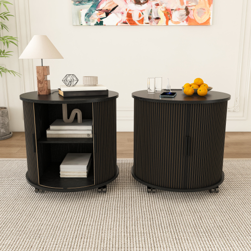 Set of 2 Mid Century Modern Cylinder End Table with Built-in Charging Station & Sliding Door, 2-Tier Storage Round Nightstand with USB Ports, Bedside Table for Living Room, Bedroom, Entryway-Black - MDF - Artsy,Luxury,Modern - Not Specified - Not Specified - Not Specified - Not Specified - Not Specified