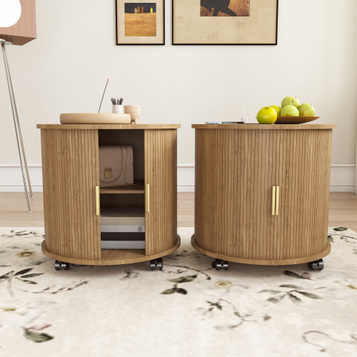 Set of2 Mid Century Modern Cylinder End Table with Built-in Charging Station & Sliding Door, 2-Tier Storage Round Nightstand with USB Ports, Osk Bedside Table for Living Room, Bedroom, Entryway - Oak - MDF - Artsy,Luxury,Modern - Not Specified - Not Specified - Not Specified - Not Specified - Not Specified