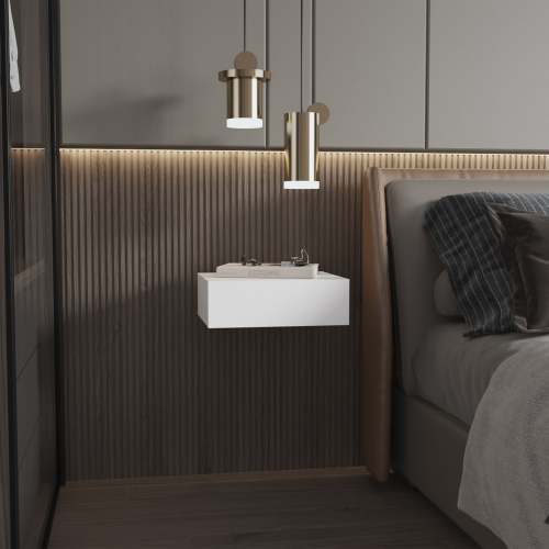 White Wall-Mounted Floating Nightstand - Wood - 1 Drawer - Space Saving - Bedroom
