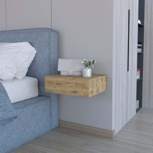 Macadamia Wall-Mounted Floating Nightstand - Natural - Wood - 1 Drawer - Space Saving - Bedroom - Not Specified - Not Specified