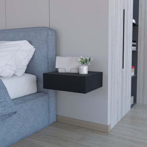 Wenge Wall-Mounted Floating Nightstand - Wood - 1 Drawer - Space Saving - Bedroom - Not Specified - Black