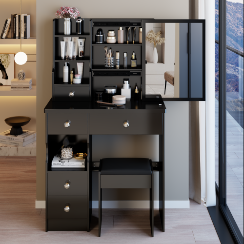 29.2" Small Space Left Drawer Desktop Vanity Table + Cushioned Stool, Extra Large Right sliding mirror, Multi Layer High Capacity Storage, Practical Fashionable Dresser, Suitable For Small Space - Black - MDF - American Design