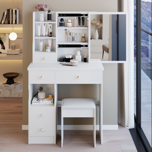 29.2" Small Space Left Drawer Desktop Vanity Table + Cushioned Stool, Extra Large Right sliding mirror, Multi Layer High Capacity Storage, Practical Fashionable Dresser, Suitable For Small Space - White - MDF - American Design