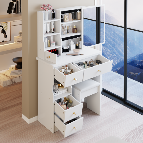 29.2" Small Space Left Drawer Desktop Vanity Table + Cushioned Stool, Extra Large Right sliding mirror, Multi Layer High Capacity Storage, Practical Fashionable Dresser, EPA, GCC, UL Certificate - White - MDF - American Design
