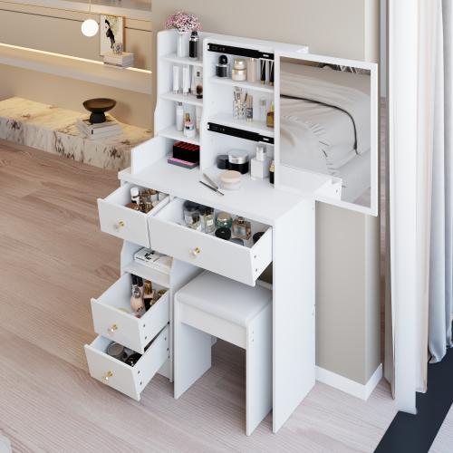 29.2" Small Space Left Drawer Desktop Vanity Table + Cushioned Stool, Extra Large Right sliding mirror, Multi Layer High Capacity Storage, Practical Fashionable Dresser, Suitable For Small Space - White - MDF - American Design