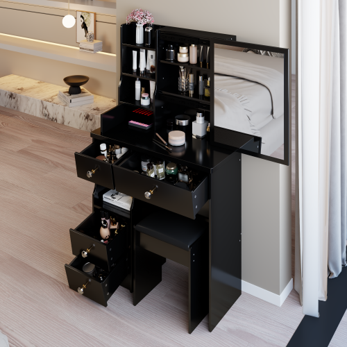 29.2" Small Space Left Drawer Desktop Vanity Table + Cushioned Stool, Extra Large Right sliding mirror, Multi Layer High Capacity Storage, Practical Fashionable Dresser, Suitable For Small Space - Black - MDF - American Design