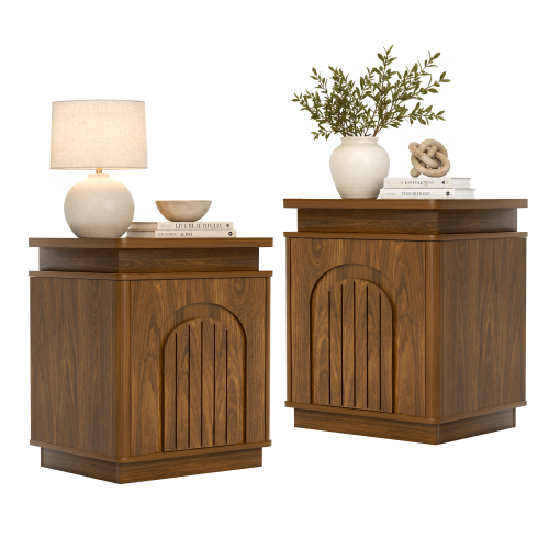 Two-piece nightstand set with arched recesses, storage cabinets with LED lighting, ample storage space, and magnetic push-to-open doors; suitable for bedrooms, living rooms, and offices; Walnut - Walnut -- 2 pc - Particle Board+MDF