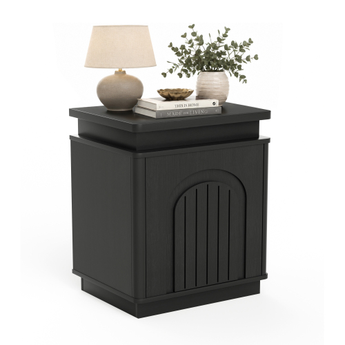 Bedside table with arched grooves, side table with LED lighting, ample storage space, and magnetic push-to-open doors; suitable for bedrooms, living rooms, and offices; Black (1 PC) - Black --1 pc - Particle Board+MDF