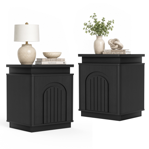 Two-piece nightstand set with arched recesses, storage cabinets with LED lighting, ample storage space, and magnetic push-to-open doors; suitable for bedrooms, living rooms, and offices; Black - Black -- 2 pc - Particle Board+MDF