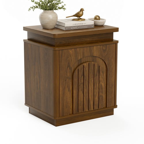 Bedside table with arched grooves, side table with LED lighting, ample storage space, and magnetic push-to-open doors; suitable for bedrooms, living rooms, and offices; Walnut (1 PC) - Walnut --1 pc - Particle Board+MDF
