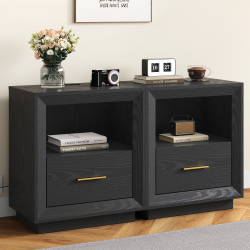 Nightstand with Charging Station: Side Table Tables with Spacious Drawer, 2 Outlets USB Type-C, Storage End Tables for Bedroom Dorm, Set of 2, Black - Particle Board+MDF - Farmhouse - USB Port - Pedestal - White