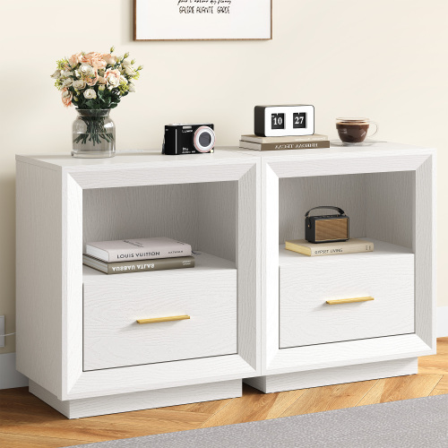 Nightstand with Charging Station: Side Table Tables with Spacious Drawer, 2 Outlets USB Type-C, Storage End Tables for Bedroom Dorm, Set of 2, White - Particle Board+MDF - Farmhouse - USB Port - Pedestal