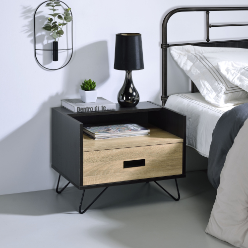 Oak and Black Nightstand with 1 Drawer - Black+Brown - Wood+Metal - Bedroom