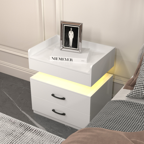 1 Set Nightstand with Adjustable LED Strip Light, 2-drawers, Large Storage Space, Suitable for Bedside Table, Coffee Table, Sofa Side Table or End Table for Study Desk - White - MDF